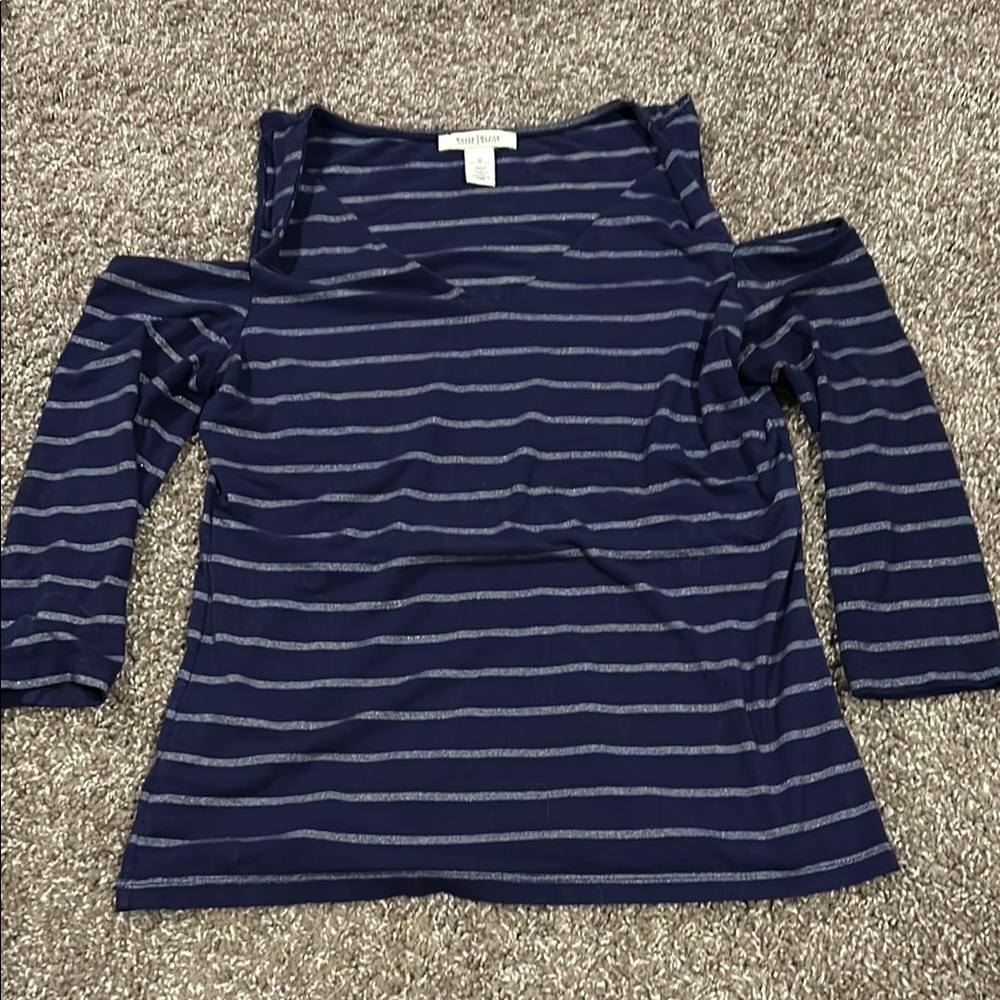 Navy and Gray Striped Cold Shoulder Top